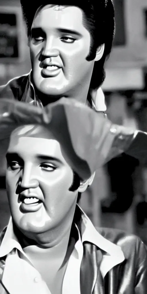 Prompt: photo portrait elvis in an english chip shop, screenshot from bollywood muscial