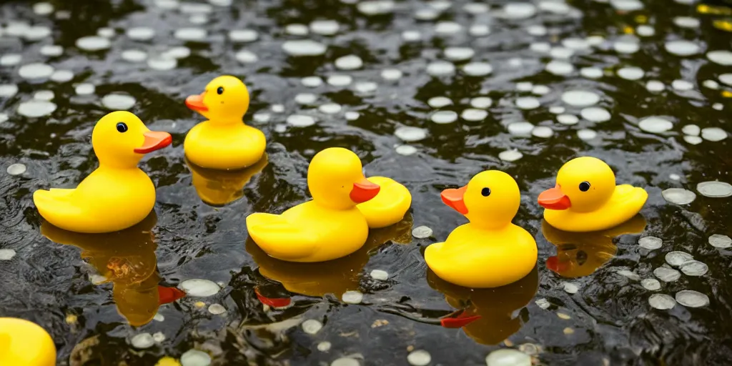 Prompt: rubber ducks in a pond, 5 0 mm lens, photo, bokeh