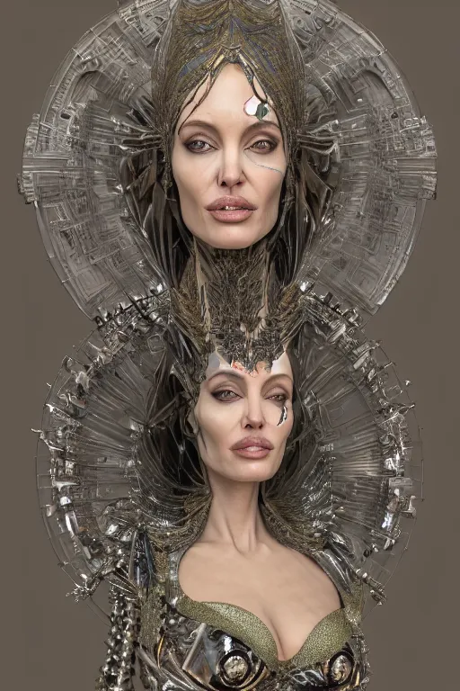 Image similar to a highly detailed 4 k render portrait of an alien goddess angelina jolie in iris van herpen dress schiaparelli armor in diamonds and lots of jewelry in style of alphonse mucha trending on artstation made in unreal engine 4