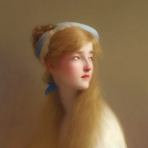 Image similar to a young woman's face, her hair is golden white and she wears an cobalt blue satin cloak, by ivan aivazovsky and syd mead and moebius and gaston bussiere and roger dean and pieter claesz and paul delaroche and alma tadema and aelbert cuyp and willem claesz, hyperrealistic, volumetric light, octane render