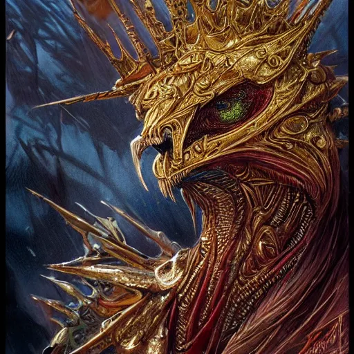 Prompt: colorful bird, golden crown, from overlord, close up, fantasy, intricate, elegant, highly detailed, digital painting, artstation, concept art, sharp focus, illustration, art by luis royo, wayne barlowe, kirsi salonen, asya yoranova and alan lee