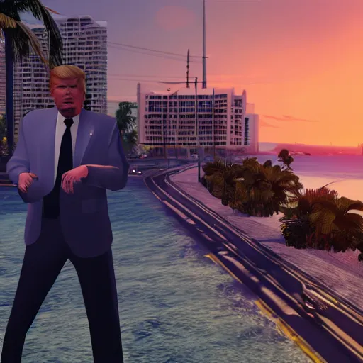 Image similar to Donald Trump in the style of GTA v, Miami beach, GTA v video game art, sunset aesthetic