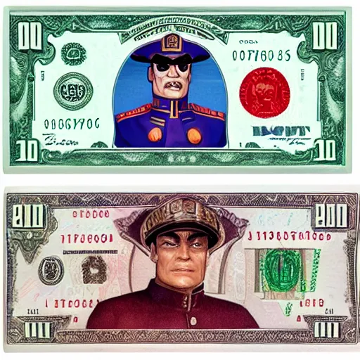 Image similar to Raul Julia's M. Bison, bison dollar notes