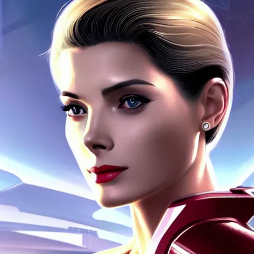 Image similar to A combination of Grace Kelly's and Ada Wong's and Ashley Greene's appearances with blonde hair wearing Forerunner armor from Halo, high tech, action shot, angular, full body portrait, futuristic, dramatic, fantasy, intricate, elegant, highly detailed, artstation, matte, sharp focus, 8K, art by Artgerm and Greg Rutkowski and Alphonse Mucha