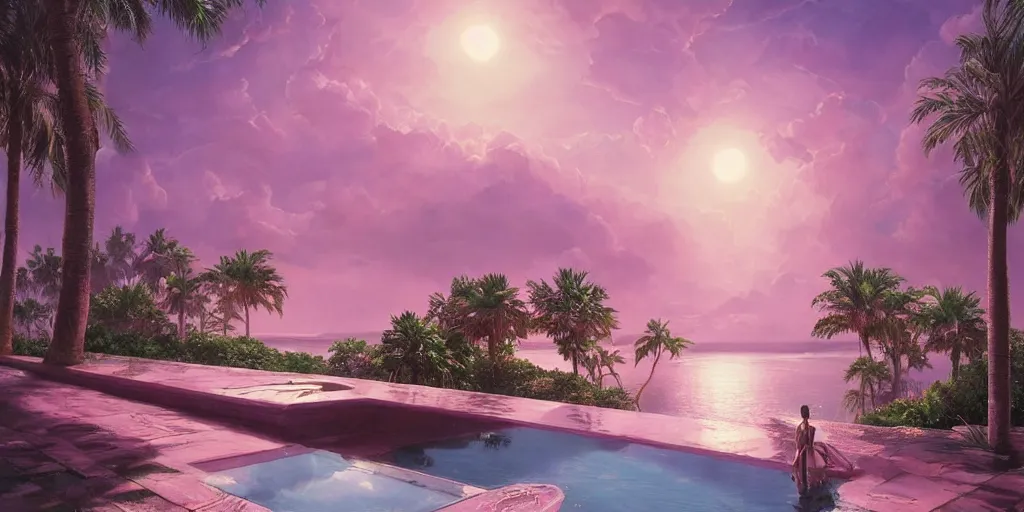 Image similar to artgem and greg rutkowski masterpiece, hyperrealistic surrealism, award winning masterpiece with incredible details, epic stunning, infinity pool, a surreal vaporwave liminal space, highly detailed, trending on ArtStation, calming, meditative, pink arches, palm trees, very vaporwave, very very surreal, sharp details, dreamscape