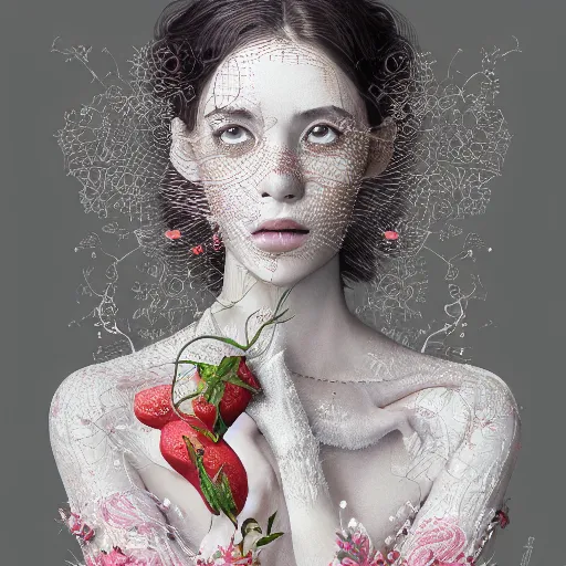 Image similar to the portrait of an absurdly beautiful, graceful, elegant, sophisticated, fashionable young woman made of strawberries and white petals with tears, an ultrafine hyperdetailed illustration by kim jung gi, irakli nadar, intricate linework, bright colors, octopath traveler, final fantasy, unreal engine 5 highly rendered, global illumination, radiant light, detailed and intricate environment