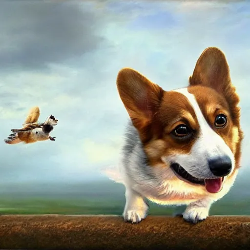Prompt: an corgi leaving the nest to fly for the first time, oil on canvas, portrait, intricate, 8k highly professionally detailed, HDR, CGsociety