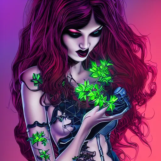 Image similar to the second coming of poison ivy as a goth girl, by dan mumford and ross tran, cosmic, heavenly, god rays, intricate detail, cinematic, 8 k, cel shaded, unreal engine, featured on artstation, pixiv