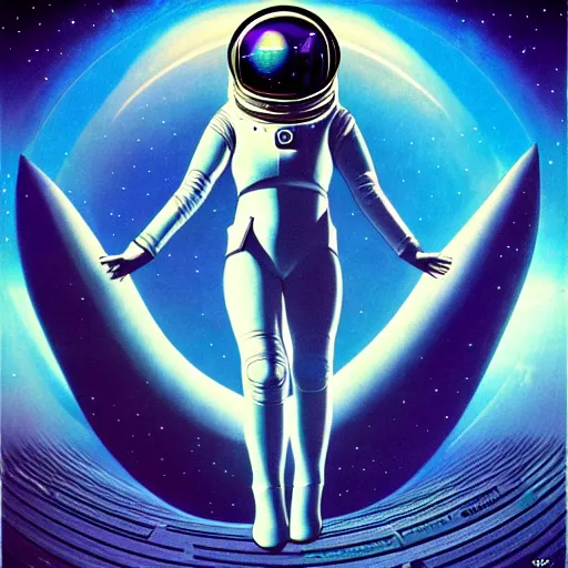 Image similar to futuristic | album cover | space station | astronaut woman | in the style of wayne barlowe