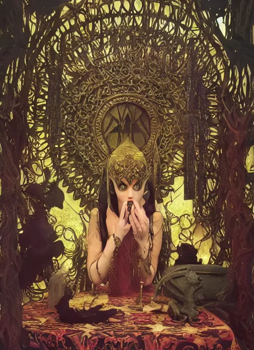 Image similar to picture inside covens den, textless hyper ornate wiccan masks, intricate wiccan scene detailing, highly detailed, lifelike, photorealistic, diffuse lighting, hdrp render, artstation, unreal 5, smooth, sharp focus, art by john collier, albert aublet, krenz cushart, artem demura, alphonse mucha