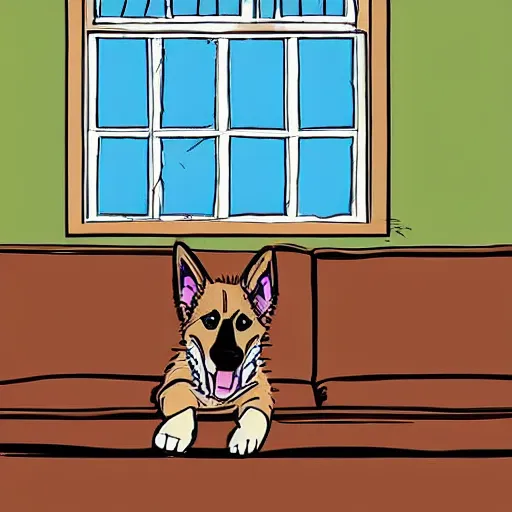 Prompt: low - angle illustration from 2 0 feet distance. a german shepherd puppy sits on the sofa near a bay window in a small cozy kitchen. in front of the sofa is a kitchen table made out of wood. lots of art hang on the walls. the puppy waits patiently while looking outside on a warm and sunny day. muted colors, bill watterson, comic