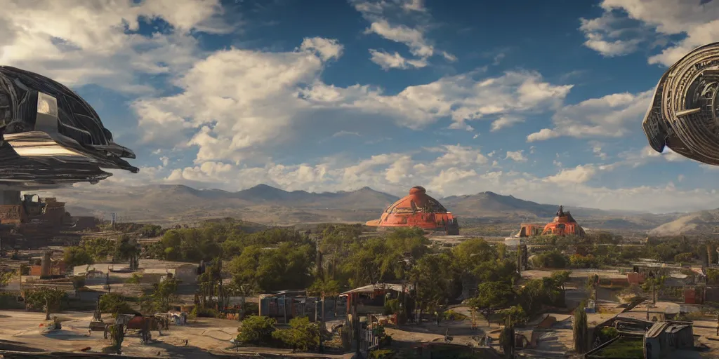 Prompt: tehotihuacan, with a giant space ship in the sky, unreal 5, hyperrealistic, realistic, photorealistic, dynamic lighting, highly detailed, cinematic landscape, studio landscape, studio lighting