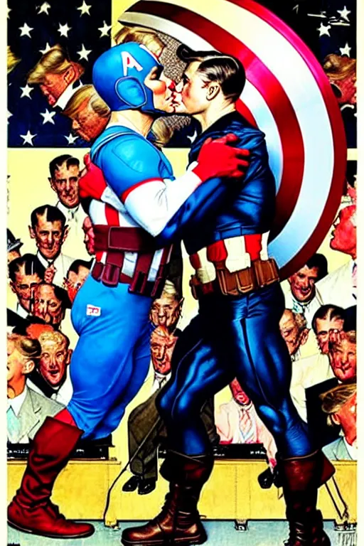Image similar to norman rockwell painting of captain america kissing donald trump