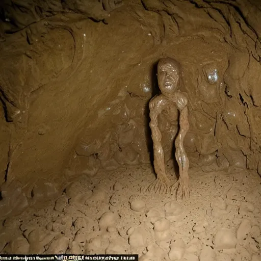 Image similar to found footage of a humanoid made of wet clay and mud forming out of a wall inside of a cave made of wet clay, creepy, flash photography, unsettling, moist, low quality, dark environment, cavern, spelunking