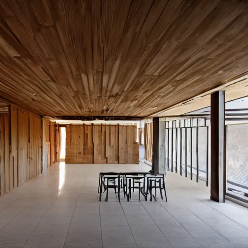 Image similar to interior of a wooden brutalist building