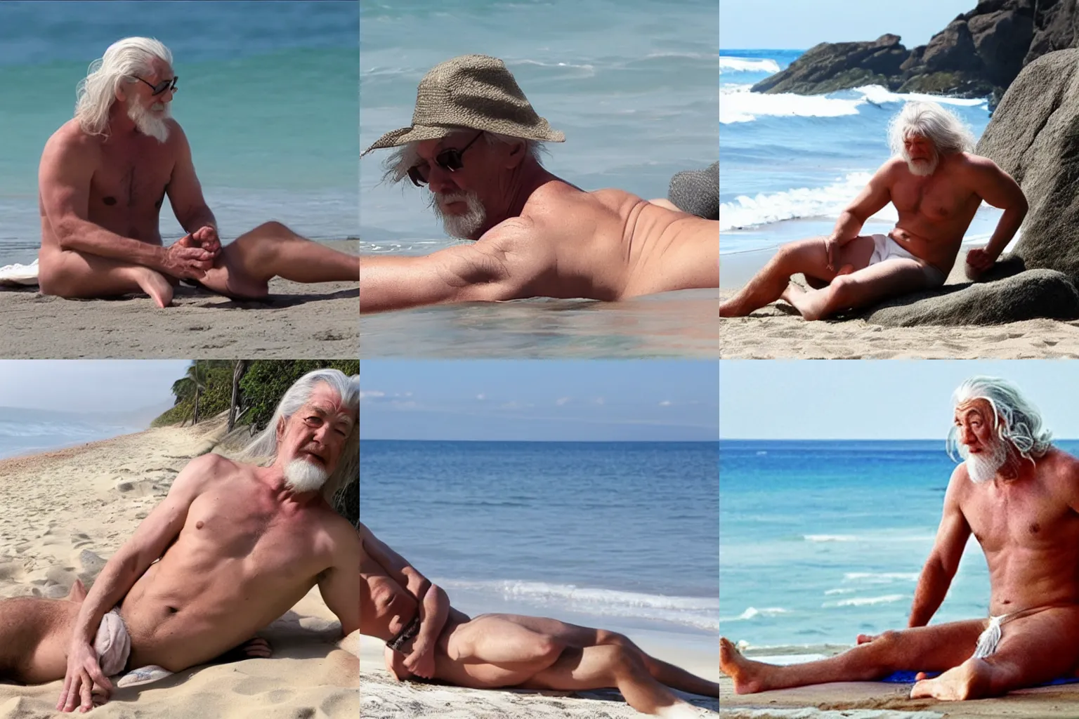 Prompt: gandalf shirtless sunbathing at the beach