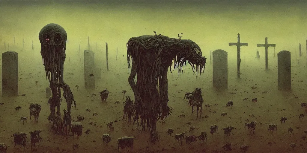 Image similar to demonic alien with long fingers surrounded by tombstones and floating cows, Beksinski