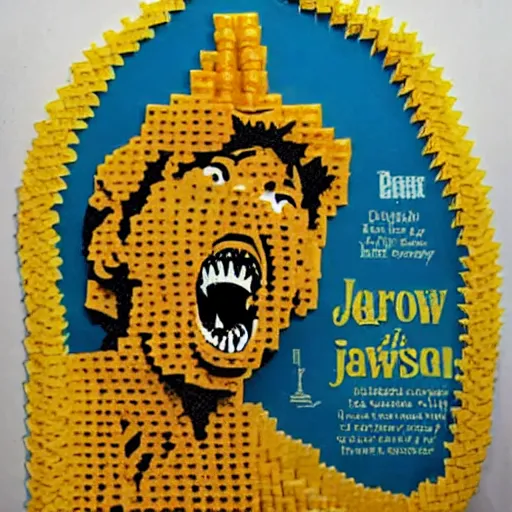 Prompt: Jaws film promotional still, made out of macaroni art