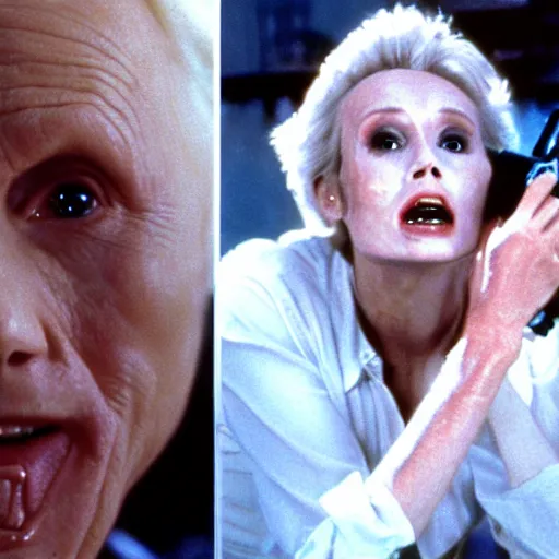 Image similar to john voight is a ghostbuster, capturing jane lynch horrible scary poltergeist, practical effects, monster makeup, gritty film, melting face, skeletal scream