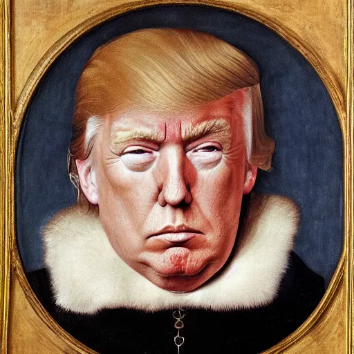 Prompt: a portrait of Donald Trump, facing front, by Rogier van der Weyden, oil painting, anatomically correct, beautiful perfect face, sharp focus, Highly Detailed, Cinematic Lighting, 8k, HD