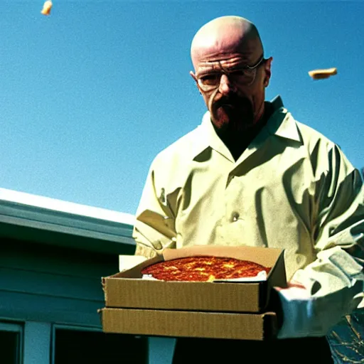 Image similar to walter white throwing a pizza onto the roof of a house, film still, wide shot, beautiful, ethereal, mythical