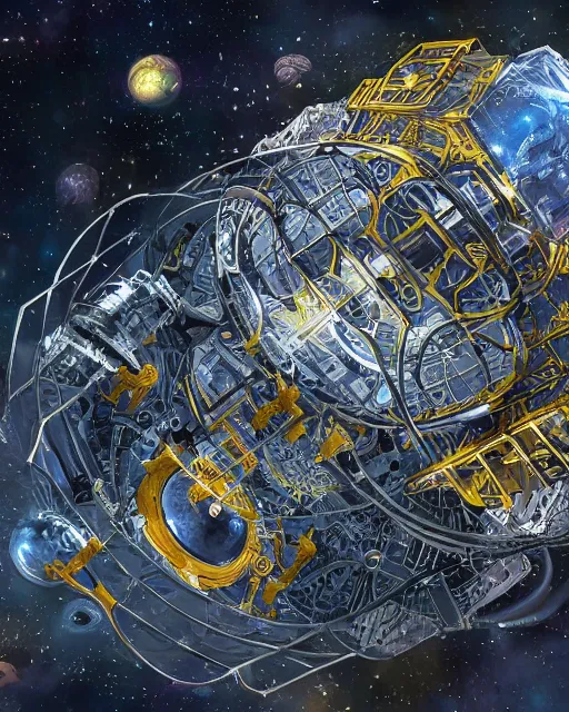 Prompt: photo of a space laboratory, scifi, complex design, alien, masterpiece, shield generator, planet, stars, atmosphere, star anise shape, hexagonal, transparent parts, glowing fluid containers, bulky, 4 k high definition, insanely detailed, intricate, art by akihiko yoshida, akihito tsukushi