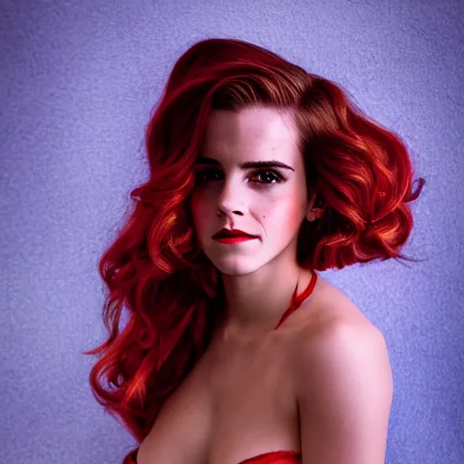 Image similar to Emma Watson as Jessica Rabbit, (Sony a7R IV, symmetric balance, polarizing filter, dynamic range, HDR, deep colors, staggered depth)