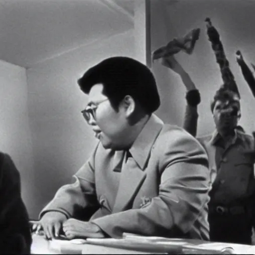 Image similar to a filmstill of Kim Jong-il in Godzilla (1954) by Ishirō Honda