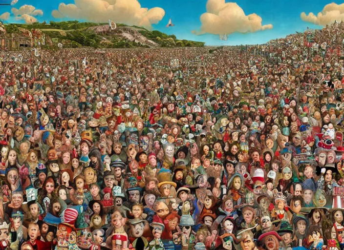 Image similar to where's waldo, lowbrow, matte painting, 3 - d highly detailed, in the style of mark ryden, salvador dali