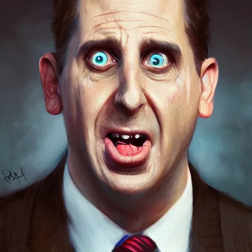 Prompt: hyper realistic, surreal, portrait of michael scott making silly absurd faces, painted by greg rutkowski, wlop, loish,