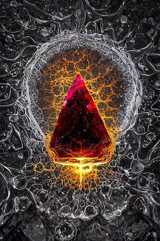 Prompt: A single elemental fire crystal covered in fluid art patterns and glowing with power, Sitting alone, Surrounded by darkness, concept art, illustration, burning hot. Magic Stone. Ruby Stone. Liquid Gold. Crystal structure. Symmetrical. Spirals. Melting. Honey. Intricate. Hyper Real. 4K. Octane Render. Refraction. Caustics. Empty Background. Black Background. No Background. Seriously, no background.