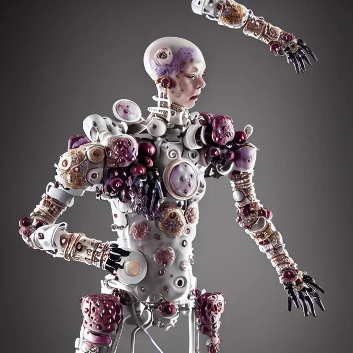 Prompt: ceramic cyborg, Kakiemon design exoskeleton with plums and stylized flowers in glaze and gilding, diffuse lighting, fantasy, intricate, elegant, highly detailed, lifelike, photorealistic, digital painting, artstation, illustration, concept art, smooth, sharp focus, art by John Collier and Albert Aublet and Krenz Cushart and Artem Demura and Alphonse Mucha