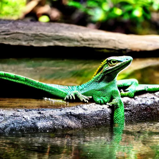 Prompt: anthro lizard sitting in water, photograph captured at oregon hotsprings