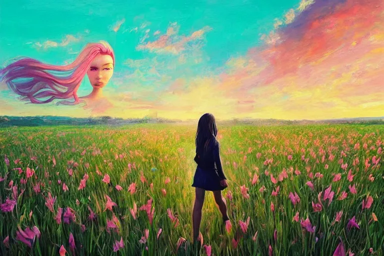 Image similar to giant gladiola head, girl walking in field of flowers, surreal photography, sunrise, blue sky, dramatic light, impressionist painting, digital painting, artstation, simon stalenhag