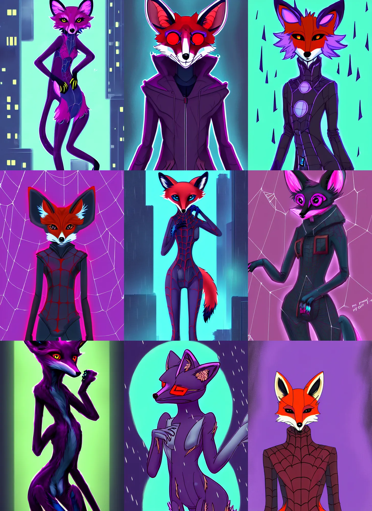 Prompt: aesthetic fox - spider hybrid fursona portrait, commission of a female anthropomorphic fox - spider hybrid, fursona wearing cyberpunk stylish clothes, city at night in the rain