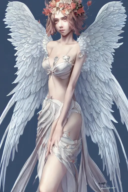 Prompt: beautiful maiden with angelic wings, intricate, elegant, highly detailed, artstation, concept art, illustration, art by Yoshitaka Amano, Sakimichan, Kuvshinov Ilya, tsuaii