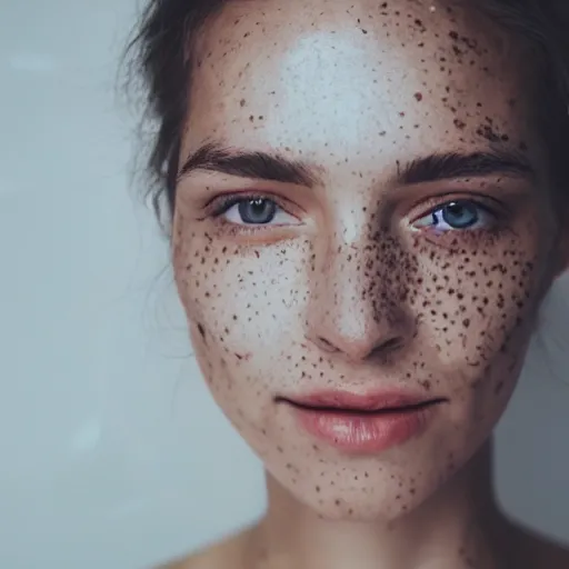 Image similar to close up photo of beautiful woman face light freckles soft light polaroid