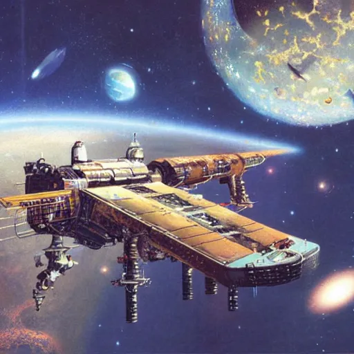 Prompt: abandoned beautiful space station floating in empty space, peter elson, chris foss, john berkey, tony roberts, jim burns, don davis