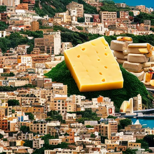 Image similar to a city made of cheese surrounded by an ocean of beans