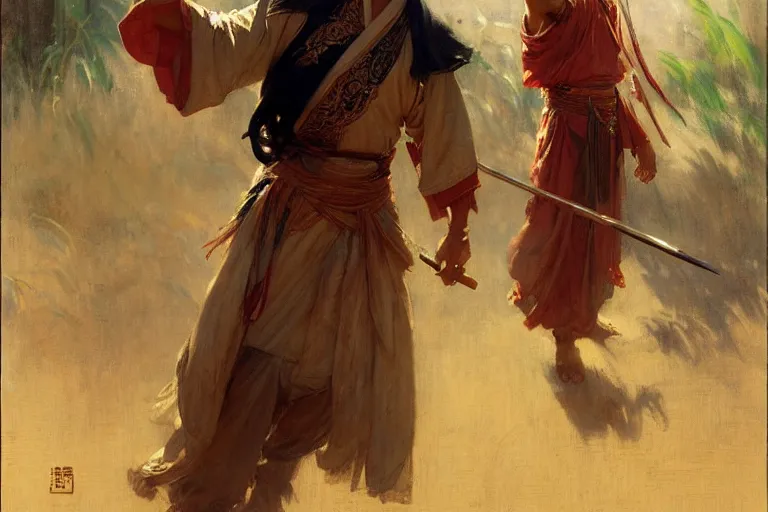 Image similar to wuxia, summer, attractive male, painting by gaston bussiere, craig mullins, j. c. leyendecker
