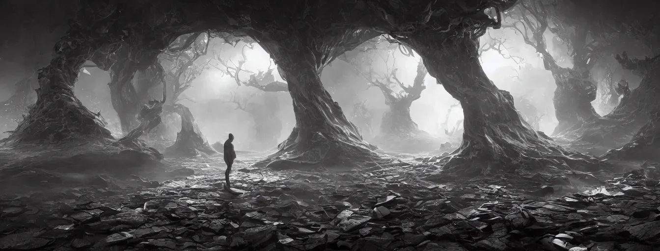 Prompt: imagination of duality, two main forces of whole universe, love and evil, plus and minus, black and white, zero and one, me and you, high detail, saturated colors, by james paick, render unreal engine - h 7 0 4