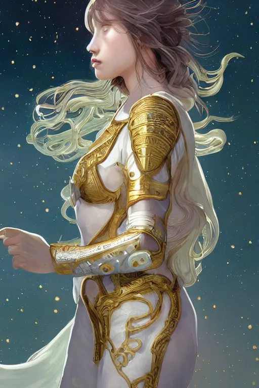 Image similar to portrait knights of Zodiac girl, white color reflected armor, in ruined Agora of Athens moon night and firefly and star sparkles, ssci-fi, fantasy, intricate, very very beautiful, elegant, golden light, highly detailed, digital painting, artstation, concept art, smooth, sharp focus, illustration, art by tian zi and WLOP and alphonse mucha