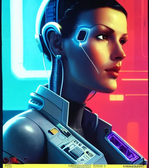 Image similar to cable plugged in, side of head, very very beautiful woman, cyberdeck computer terminal, netrunner, 1 9 7 9 omni magazine cover, style by vincent di fate, cyberpunk 2 0 7 7, very coherent, detailed, 4 k resolution, unreal engine, daz