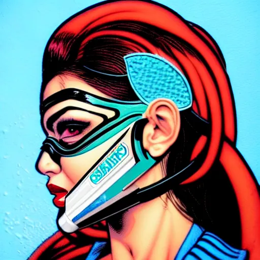 Image similar to a profile photo of a pakistani woman with a diving oxygen mask with side profile blood in ocean intricate details by MARVEL comics and Sandra Chevrier-C