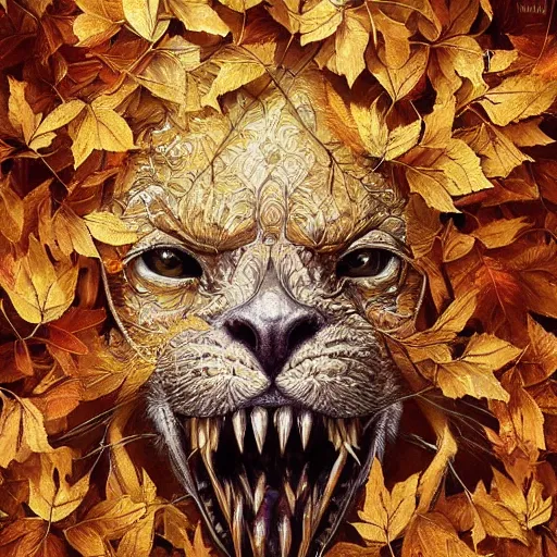 Image similar to golden leaves at frame border, creative!!! composition for a book cover, absurdly beautiful, ultrafine hyperrealistic detailed animal face by wlop and artgerm and greg rutkowski, intricate linework, sharp focus, smooth, octopath traveler, final fantasy, unreal engine, dramatic lighting, ethereal, 8 k