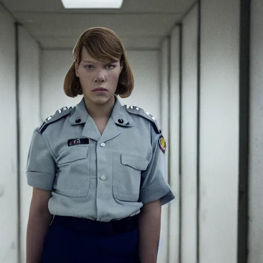 Image similar to A movie still of Lea Seydoux as a prison guard in a french prison in a Wes Anderson Movie, Wes Anderson directing
