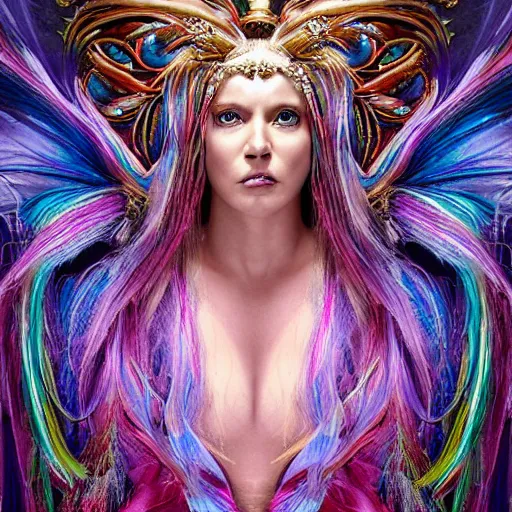 Image similar to A princess with rainbow wings and rainbow hair. complex hyper-maximalist over-detailed beautiful but terrifying, cinematic cosmic scifi portrait of an elegant very attractive but wild and dangerous witch anthropomorphic female warrior god by andrei riabovitchev, tomasz alen kopera, oleksandra shchaslyva alex grey and bekinski. Fantastic realism. Volumetric soft green and red lights. Ominous intricate. Secessionist style ornated portrait illustration. Unreal engine 5. Focus on face. Artstation. Deviantart. 8k 4k 64megapixel. Cosmic horror style. Rendered by binx.ly. coherent, hyperrealistic, lifelike textures and only one face on the image.