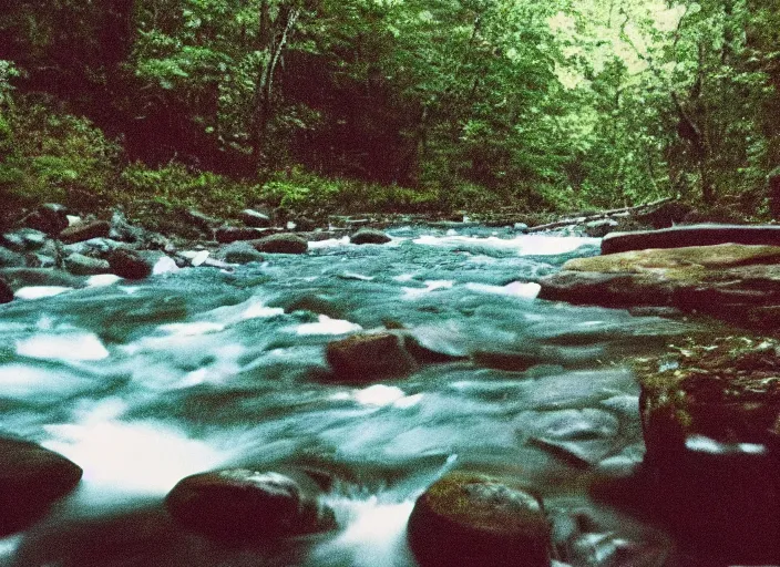 Prompt: very low quality blurry vhs footage of a river