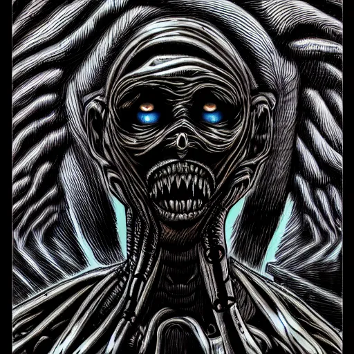 Image similar to a dark humanoid, hyper detailed, in the style of h. r. giger and junji ito and h. r. giger and junji ito, selfie