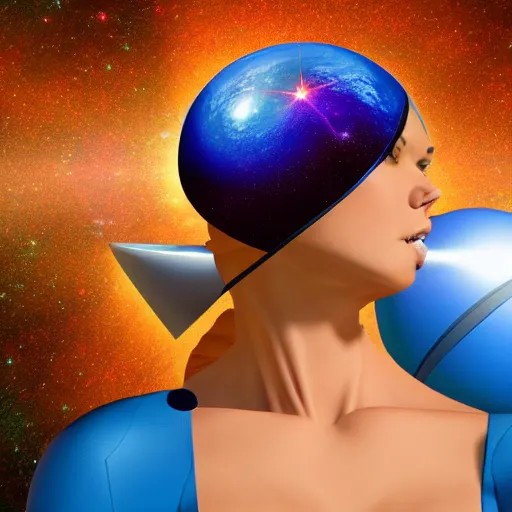 Image similar to space redhead in a tight blue dress with a planet in the background holding a laser gun up, realistic mouth, realistic, high definition, detailed and symetric face, detailed and realistic hands, expressive eyes, 4 k, shimmering color, epic digital art
